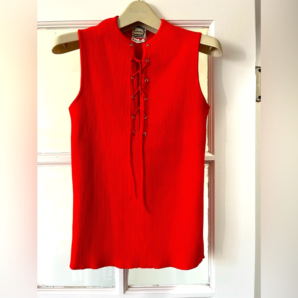 Vintage Cherry Red Ribbed Top with a tie-neck